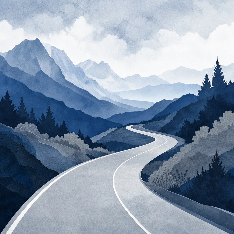 Ilustración editorial de un camino entre paisajes, asociada con aprendizaje y planificación